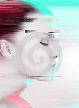 Glitched portrait of young woman in profile view