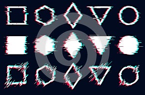 Glitched square, hexagon, rhombus, triangle and circle frames, Vector glitch set digital noise defect photo