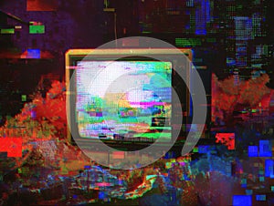 A glitched video screen showing an old computer game, with distorted pixelated frames
