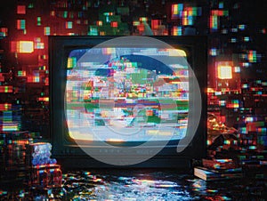 A glitched video screen showing an old computer game, with distorted pixelated frames