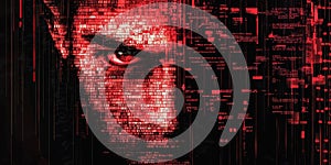 Glitching computer code with fragmented pixels, neon red error messages, and corrupted data streams