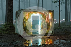 Glitching vintage TV in rainforest displaying a color portal photo