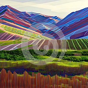 A glitchy abstract landscape of mountains and valleys, with pixels and lines breaking apart and reassembling2, Generative AI