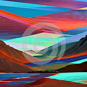 A glitchy abstract landscape of mountains and valleys, with pixels and lines breaking apart and reassembling5, Generative AI
