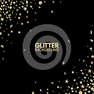 Glitter background. Bright Merry Christmas frame. Golden sparkle on black backdrop. Falling glitter confetti. Vector