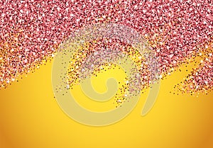 Glitter background with pink confetti and sparkles over golden background