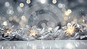 Glitter background with silver sparkles and Christmas theme for winter holidays. Generated AI.