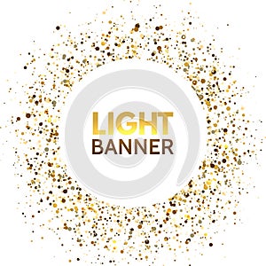 Glitter circle banner on white background. Festive gold sparkle backdrop. Glittering circle frame. Star dust. Light