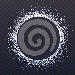 Glitter circle. Round border with silver particles. Christmas card or invitation. Magic stardust and sparkle. Glowing