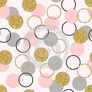 Glitter circle seamless pattern. Golden circles with sparkles and star dust. Wallpaper design with glittering gold, pink, grey