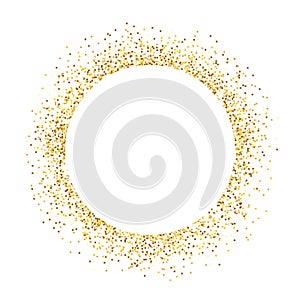 Glitter circle on white backdrop. Luxury frame with gold confetti. Shining round element. Golden dust texture for