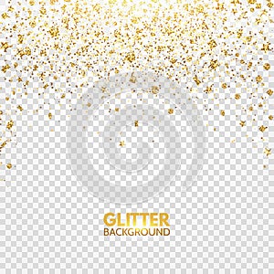 Glitter confetti. Gold glitter falling on transparent background. Christmas bright shimmer design. Glowing particles effect for lu