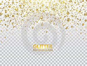 Glitter confetti. Gold glitter particles falling on transparent background. Christmas bright shimmer design. Glowing