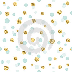 Glitter confetti polka dot seamless pattern background. Golden and pastel blue trendy colors. For birthday and scrapbook