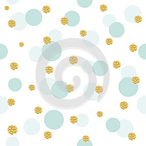 Glitter confetti polka dot seamless pattern background. Golden and pastel blue trendy colors. For birthday and scrapbook