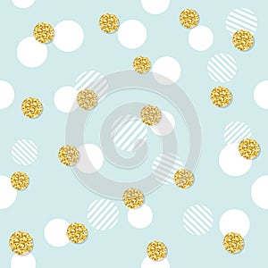 Glitter confetti polka dot seamless pattern background. Golden and pastel blue trendy colors. For birthday and scrapbook design.