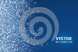 Glitter confetti, snow falling from the side. Vector dust, explosion on blue background. Sparkling border, frame.