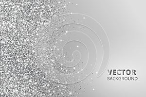 Glitter confetti, snow falling from the side. Vector silver dust, explosion on grey background. Sparkling border, frame