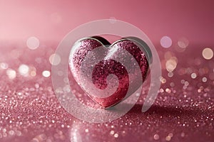 A glitter-covered pink and silver heart-shaped decoration. Valentine\'s Day wallpaper. Romantic web design banner.