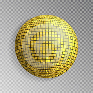 Glitter disco ball vector. Golden mirrorball isolated. Discoball shine light effect. Night club deco