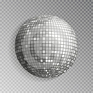 Glitter disco ball vector. Silver mirrorball isolated. Discoball shine light effect. Night club deco