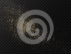 Glitter dust. Gold glitter powder explosion. Star dust background. Golden particles splash or shimmer burst. Bright sparkles. Vect