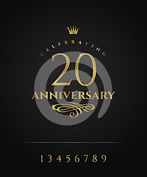 Glitter gold anniversary golden logo with crown and flourishes element. There is additional elements for compilation any dates.