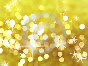 Glitter gold bokeh background with stars and snowflakes for christmas greeting cards.