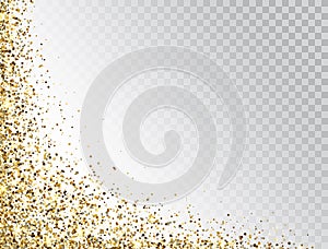 Glitter gold border with space for text. Golden sparkles and dust on transparent background. Luxury glitter decoration