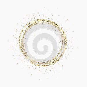 Glitter gold circle. Festive gold sparkle frame with space for text. Bright glittering star dust. Luxury design for