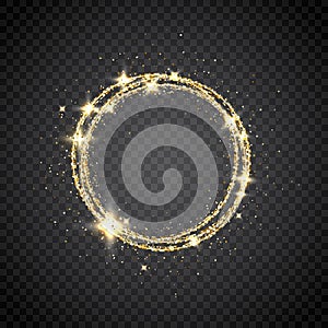 Glitter gold circle frame with space for text. Sparkling golden frame on transparent background. Bright glittering star