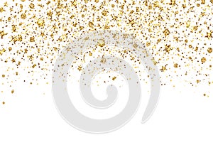 Glitter gold confetti border. Golden sparkles and dust on white background. Luxury glitter decoration frame. Bright design for