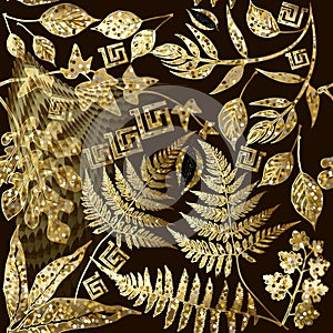 Glitter gold floral greek vector seamless pattern. Ornamental shiny geometric background. Tropical exotic glittery flowers, plants