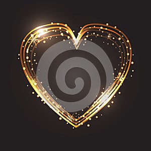 Glitter gold heart frame with space for text. Heart with golden light. Happy Valentines Day card with glowing heart.