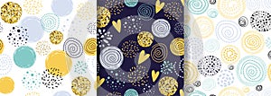 Glitter gold seamless dotted pattern with blue yellow hand drawn circle element Abstract crearive background Wallpaper