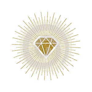 Glitter gold shining diamond with sunburst.