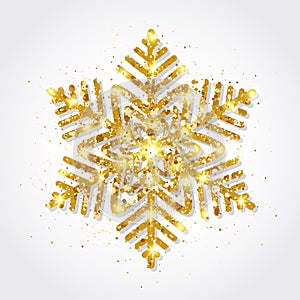Glitter gold snowflake on white background. Glowing golden snowflakes with glitter texture. Snowflake with star dust
