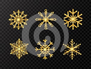 Glitter gold snowflakes set on transparent background. Sparkling golden snowflake with glitter texture. Christmas and