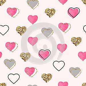 Glitter gold and watercolor pink hearts seamless pattern. Valentines Day background. Bright doodle heart confetti
