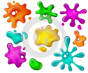 Glitter goo splash. Pink and blue slime with sparkles. Realistic 3d glossy green gooey drops and blots. Kids toy