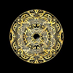 Glitter hand drawn artistic oval shaped   mandala sparkling object isolated on black background