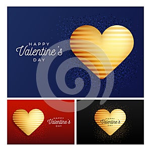 Glitter heart banner set. Valentine day flyer blue, red and black background with gold heart on glitter. Horizontal Happy