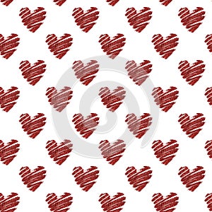 Glitter hearts seamless pattern. Red glitter hearts on white background.