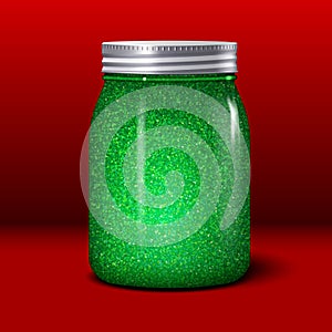 Glitter jar. Realistic object with shiny green sparkles