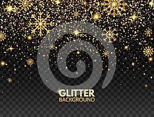 Glitter particles and snowflakes falling on transparent background. Gold glitter background. Luxury greeting card