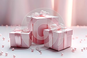 Glitter pink gift boxes. Lovely background for a postcard. Generative AI