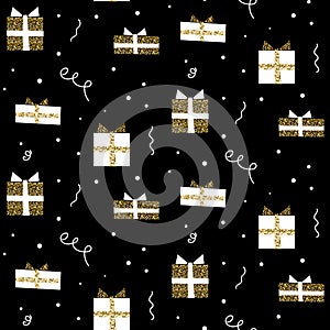 Glitter scandinavian gift black ornament. Vector gold seamless ornament collection.