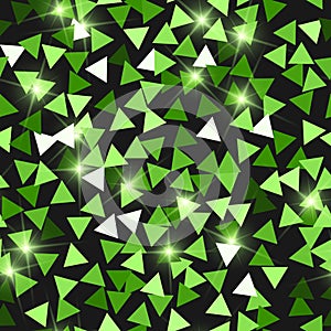 Glitter seamless texture. Adorable green particles. Endless pattern made of sparkling triangles. Lik