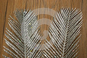 Glitter silver feather wood background