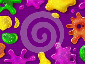 Glitter slime. Glossy goo splashes and sticky slimes blotches. Dripping border with gooey toy. Shiny kids color. Realistic vector